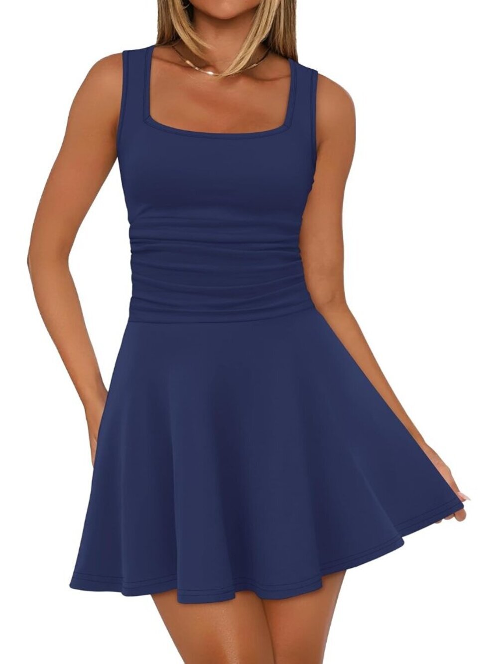 〽️Womens Navy Blue Square Neck Ruched Waist Fit Flare Pleated Pull On Mini Dress